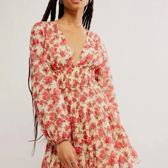 NEW Free People Women's Keep You Smocked Mini Dress Ivory Combo Small NWT - Picture 6 of 8